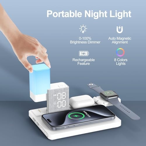 Transform Your Charging Routine with the REACHER 3-in-1 Wireless Charging Station: Mag Safe-Compatible Alarm Clock & 8-Color LED Night Light for i Phone 16/15/14/13/12 Series – Ideal Nightstand Organizer for Enhanced Efficiency and Style in Bedroom, Desk, and Dorm Settings – Fast, Multi-Device Charging Dock for Ultimate Convenience