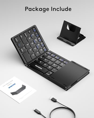Samsers Portable Bluetooth Keyboard with Touchpad – Ultra-Slim Foldable Wireless Keyboard for Effortless Typing on Android, Windows, and i OS Devices – Rechargeable, Travel-Friendly Design with Device Holder – Black