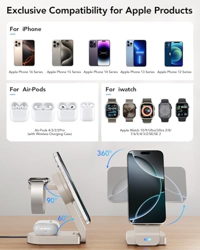 Ultimate 3-in-1 Foldable Wireless Charging Station for Apple Devices – Sleek Magnetic Dock for i Phone 16/15/14/13/12, Apple Watch Series 10/Ultra 2/Ultra/9/8/7/6/5/4/SE/SE 2, and Air Pods 4/3/Pro/2 – Fast, Portable, and Clutter-Free Charging Solution for Home or Travel