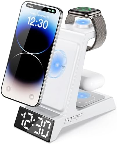 3-in-1 Wireless Charging Station with LED Alarm Clock for Apple Devices – Fast Charging Dock for i Phone 16/15/14/13/12/11 Pro Max, Apple Watch Series 10/9/8/7/6/5, and Air Pods Pro 4/3/2 – Space-Saving Design with Adjustable Brightness and Safe Charging Technology – Perfect Nightstand Organizer for Home and Office
