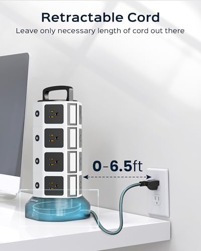 JACKYLED Power Strip Tower Surge Protector with 12 Outlets and 6 USB Ports (2 USB-C) – High-Speed Charging Station with 1050 Joules Protection, 1625 Watts, 6.5 ft Extension Cord for Enhanced Home Office Efficiency and Device Safety