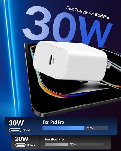 30 W USB-C Fast Charger with 10 FT Cable for i Pad Pro & Air Models – High-Speed Charging with Enhanced Compatibility for All Generations – Perfect for Travel and Everyday Use