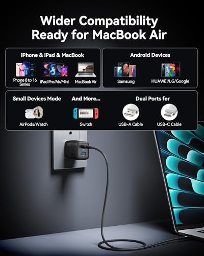INIU 30 W Dual Port USB C Charger with 5 ft Cable – Fast Charging Block for i Phone 16/15/14/13 Pro Max & Samsung S23/S22 – Compact Foldable Design for Ultimate Portability & Enhanced Device Compatibility