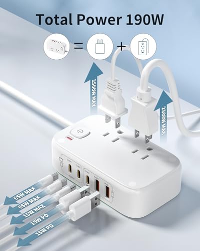 Effortless Power: 65 W USB Charging Station with Surge Protection – 5 FT Flat Extension Cord for Travel, Home, Office & School – Multi-Device Charging Hub for Fast, Safe Energy Delivery – Lightweight & Compact Design for Ultimate Portability