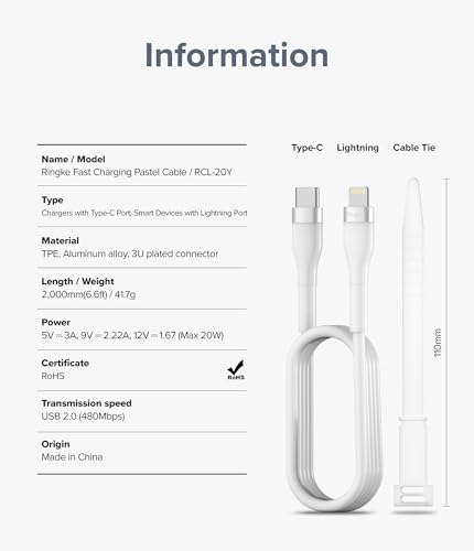 Vibrant 6.6 FT Ringke USB C to Lightning Charging Cable – Fast Charge Your i Phone, i Pad & Air Pods with Stylish Purple Pastel Design, Tangle-Free Connectivity for Effortless Use in Car Play & Beyond, Durable & Efficient Performance
