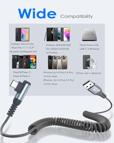 Transform Your Charging Routine with the Versatile Coiled USB C Cable – 10 ft Right Angle Design for Enhanced Accessibility, Optimized for i Phone 15/16 & Samsung Galaxy S20-S25, Fast Charging Efficiency, Retractable Convenience for Seamless Storage & Travel Solutions