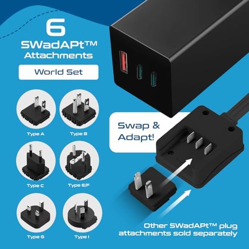 Ceptics 65 W Ga N World Travel Adapter – Ultimate Fast Charging Power Hub with Dual US Outlets, 1 USB-A & 2 Quick Charge USB-C Ports – Compact & Lightweight Design for Global Compatibility in Over 150 Countries – Essential Travel Power Solution for Laptops and Mobile Devices