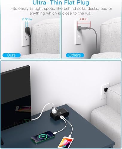 HANYCONY Ultra Thin Flat Plug Power Strip – 6 Ft Extension Cord with 3 Outlets & 3 USB Ports (2 USB-C) for Travel, Dorms & Cruise Ships – Space-Saving Multi Plug Outlet Extender for Fast Charging & Enhanced Device Compatibility