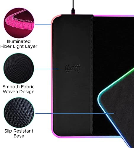 Elevate Your Gaming & Productivity with the 12″ x 35.5″ Wireless Charging RGB Mouse Pad – Large Non-Slip Desk Mat Featuring 10 Customizable RGB Backlight Colors, Fast Wireless Charging for i Phones & More, Perfect for Ergonomic Gaming Setups and Enhanced Workspace Organization