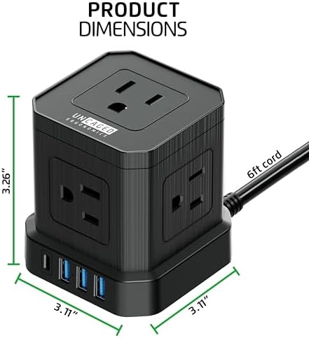 Uncaged Ergonomics Cube Power Strip with 10 ft Extension Cord – Surge Protected Charging Station Featuring 5 AC Outlets, 3 USB Charging Ports (1 USB-C Fast Charger) and On/Off Switch for Ultimate Convenience and Safety