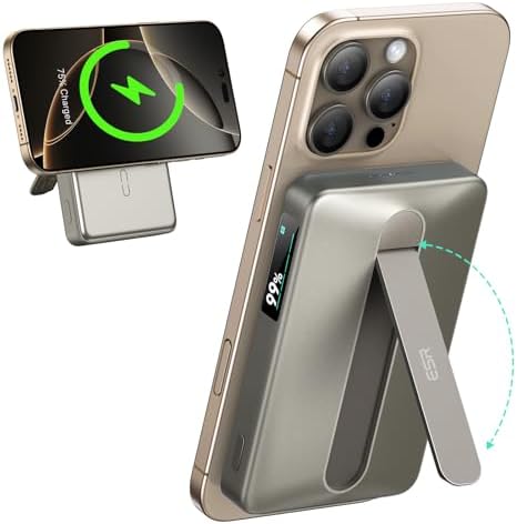 ESR Mag Safe 10,000 m Ah Portable Charger with Kickstand – Qi2 Certified 15 W Fast Charging Power Bank for i Phone 16/15/14/13/12 – Sleek Black Design with LED Display & 27 W USB-C Output for Effortless Charging On-the-Go