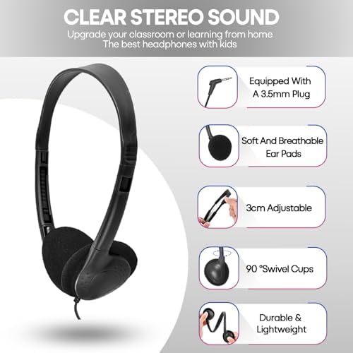 Classroom-Ready Wired Headphones – 25 Pack Durable On-Ear Audio Solution for Students, Comfortable Fit for Enhanced Learning, Ideal for Group Activities and Educational Use