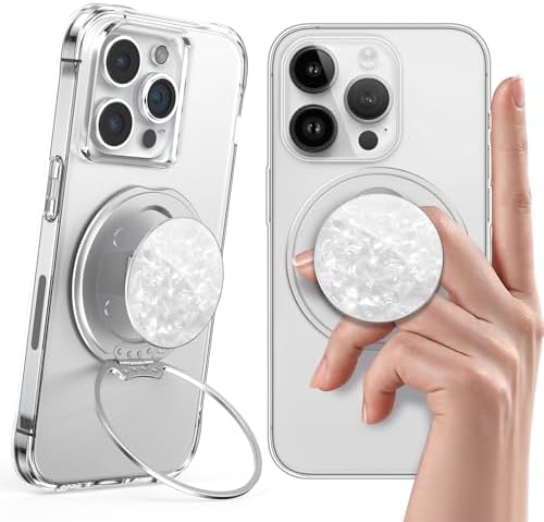Glamour Pearl Magnetic Phone Grip Holder with Adjustable Kickstand – Ultimate Versatile Smartphone Accessory for i Phone, Android & Kindle – Secure Hands-Free Viewing & Stylish Design – Includes Magnetic Adapter for Effortless Compatibility and Enhanced Usability