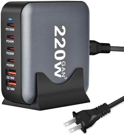 Ultimate 220 W USB Charging Hub – 6-Port Fast Charging Station with 4 PD USB-C and 2 QC USB-A for Universal Device Compatibility – Streamlined Charging Solution for Phones, Laptops, Tablets, and More – Ideal for Home, Office, or Travel