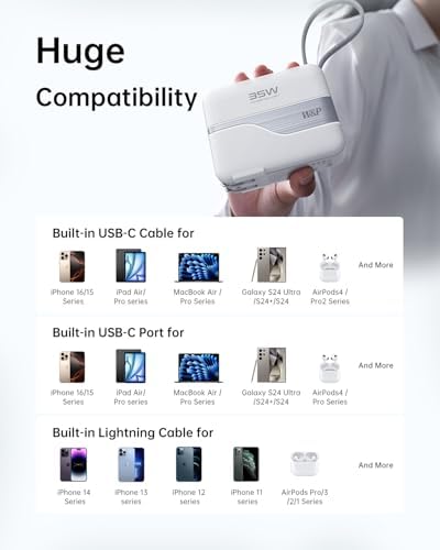 W&P Ultimate Travel Power Bank: 20,000 m Ah Portable Charger with Built-in Cables & AC Plug for 35 W Fast Charging – Ideal for i Phone 16/15/14/13/12 Pro, i Pad, Mac Book Air & Samsung Devices, Your Essential On-the-Go Power Solution
