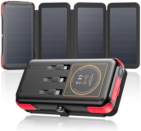 Ultimate SOARAISE 25000 m Ah Solar Power Bank: Fast Wireless Charging with Built-in Cables, Dual USB Outputs, 4 Solar Panels & Triple LED Flashlights for Outdoor Adventures – Reliable Portable Charger for Camping & Emergencies