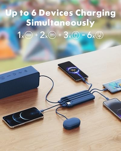 Charmast 20000 m Ah Travel Power Bank with 4 Integrated Charging Cables and 6 Output Ports, 20 W Fast Charging External Battery Pack for i Phone 16/15/14, Android Devices, i Pads, and Tablets – Ultimate On-the-Go Charging Solution for Seamless Connectivity and Reliability