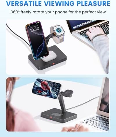 Joy Geek 3-in-1 Foldable Wireless Charging Station for Mag-Safe i Phone – Ultimate Travel Dock for i Phone 12-16 Pro Max, Apple Watch Series 4-10, and Air Pods Pro 2/3/4 – Fast, Compact, and Convenient Power Solution for On-the-Go Charging