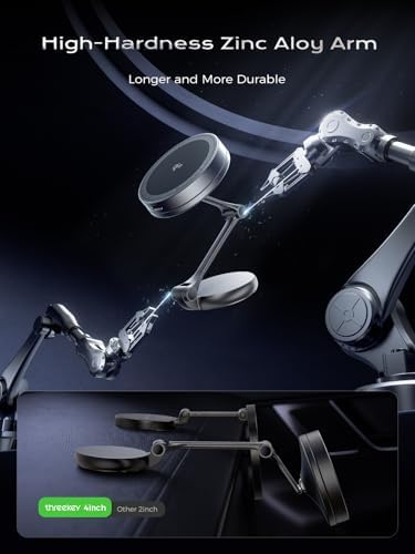 THREEKEY Mag Safe Car Charger & 360° Rotating Phone Holder – Qi2 Wireless Charging Solution for i Phone 16-12 Series & Galaxy S25 Ultra – Retractable Arm Design for Ultimate Convenience and Enhanced Compatibility – Durable Magnetic Mounting System for Secure Device Placement