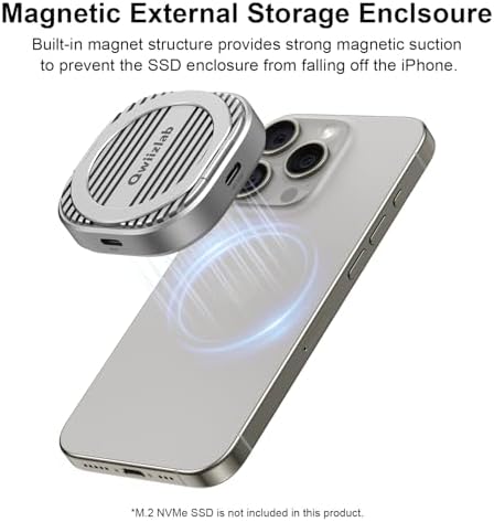 Qwiizlab Magnetic NVMe SSD Enclosure for i Phone 16/15 Pro Max – 10 Gbps USB Type-C Adapter with Kickstand, Supports PCIe M.2 M-Key up to 2 TB, Durable Aluminum Case with 100 W PD Charging Capability – Ultimate Storage Solution for Creatives and Professionals