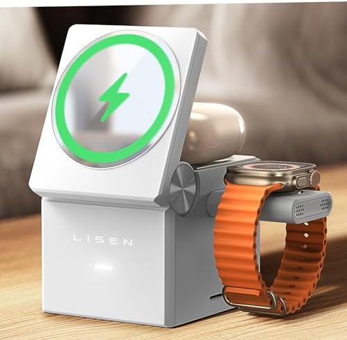 LISEN 3-in-1 Wireless Charging Station for Apple Devices – Mag Safe Compatible Charger Stand for i Phone 16, 15, 14, 13, Apple Watch & Air Pods – Portable, Foldable Design, Fast Charging & Safety Features – Sleek Black Finish for Home or Office Use