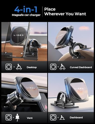 LISEN 15 W Mag Safe Car Mount Charger for i Phone 16 Pro Max – Versatile 4-in-1 Magnetic Phone Holder for Seamless Air Vent or Dashboard Installation – Sleek Black Design Enhances Safety and Convenience for i Phone 15/14/13/12 Users – Effortless Fast Charging on the Go