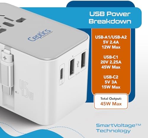 Universal Travel Power Adapter with 45 W PD Retractable USB-C Cable – Ultimate Multi-Device Charger for Global Use – Compatible with Laptops, Smartphones & Cameras – Essential Travel Accessory for US, EU & UK Adventures – Compact Design for Hassle-Free Charging
