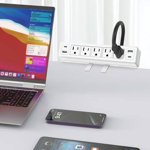 40 W Fast Charging Desk Clamp Power Strip with 4 PD20 W USB Ports and 5 Outlets – 1200 J Surge Protector for Enhanced Device Safety – Perfect for Home Offices, Workshops, and Gaming Stations – Durable Design for Easy Attachment to 1.65” Thick Tabletops
