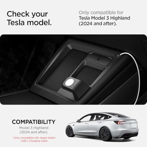 Spigen 3-in-1 Wireless Charging Organizer Mount for Tesla Model 3 (2024/2025 Highland) – Multifunctional Charging Station for i Phone, Air Pods & Apple Watch – Sleek Design, Enhanced Device Compatibility, Effortless Installation