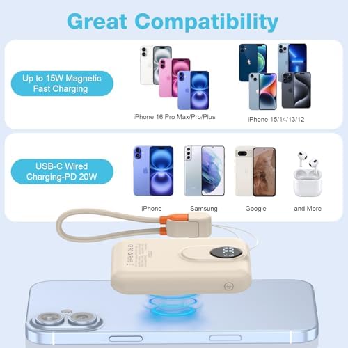 Compact Magnetic Power Bank for i Phone 12-16 | 5000 m Ah Slim Wireless Charger with 20 W Fast Charging, Detachable USB-C & i OS Cable, LED Display | Ultimate Portable Power Solution in Black