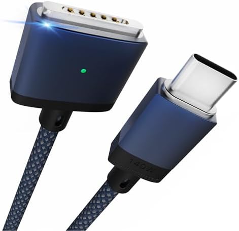Premium 140 W Magnetic USB-C Charging Cable for Mac Book – 6.6 FT Right-Angle Cord Compatible with 2024/2023/2022 Mac Book Air M3/M2 & Pro M1/M2 Models – Durable Nylon Braided Design for Fast Power Delivery and Enhanced Convenience