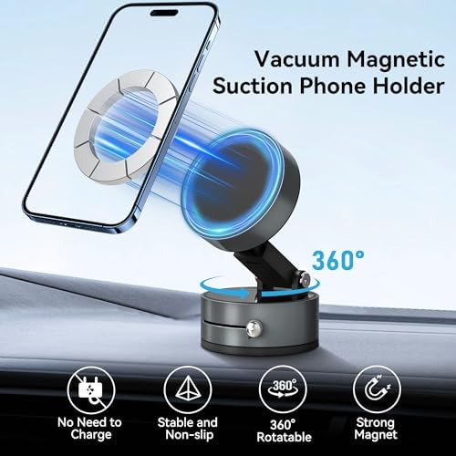 Magnetic Car Phone Mount – Ultra Strong Vacuum Suction Phone Holder for Dashboard/Windshield, Foldable 360° Adjustable Car Phone Mount Compatible with iPhone 16/15/14 & All Smartphones-817001A – Enhanced Compatibility and Speed