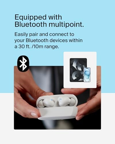 Belkin Sound Form Rhythm True Wireless Earbuds – Superior Sound Quality with 28-Hour Playtime, IPX5 Water-Resistant Design, and Integrated Microphone for Effortless Calls – Fast USB-C Charging for i Phone, i Pad, Galaxy, Pixel & More – Ideal for Active Lifestyles in Sleek White Finish