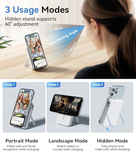 Ultra-Fast Mag Safe Battery Pack – 10,000 m Ah Magnetic Power Bank with Built-in Stand for i Phone 12-16 Series – Sleek White Design with 22.5 W USB-C Quick Charge Capability – Ideal Portable Charger for Professionals and Travelers