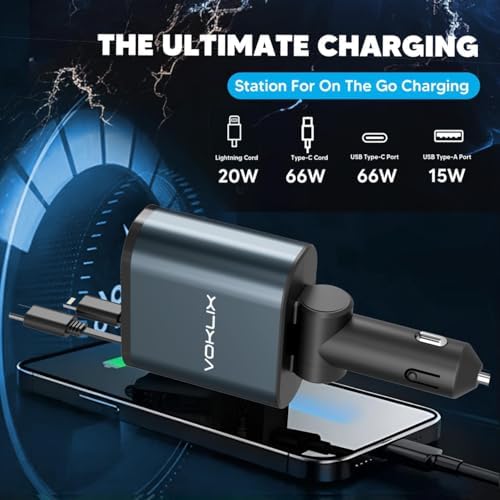 Ultimate 4-in-1 Retractable Car Charger – 66 W High-Speed USB Adapter with 2.6 ft Cables for i Phone 15/14 Pro – Fast Charging, Tangle-Free Design, Dual USB Ports for Multiple Device Compatibility – Ideal Travel Companion for On-the-Go Charging