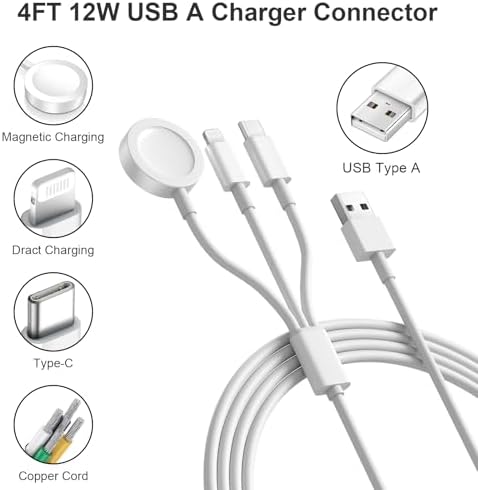 Revolutionary 3-in-1 Magnetic Charging Cable: MFi Certified Fast Charger for Apple Watch, i Phone, and Galaxy Devices – 12 W Power Delivery with 4 FT Flexibility for Seamless Charging – Perfect for Apple Watch Series Ultra, SE, 4-9, i Phone 16/15/14, Galaxy S23 – Effortless Charging Experience for Tech Savvy Users on the Move