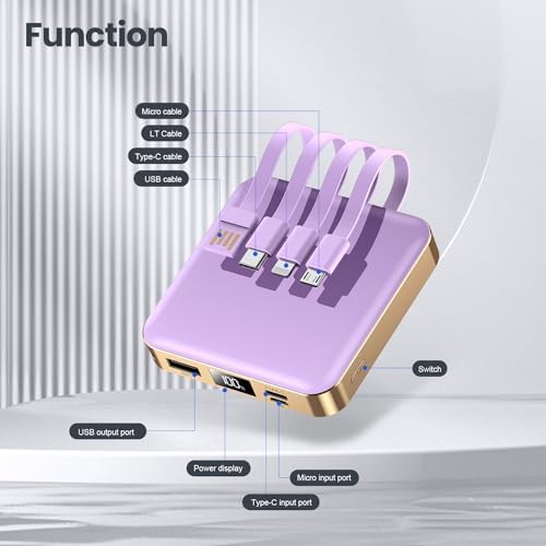 Ultra-Compact 12000 m Ah Fast Charging Power Bank with Built-in Cables – All-in-One Portable Charger for i Phone, Tablets & Samsung Devices, Featuring USB C Input/Output and LED Battery Display for Maximum Efficiency and On-the-Go Convenience