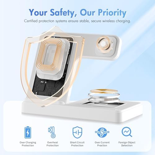 Portable 3-in-1 Wireless Charging Station: Qi Fast Charger Stand for i Phone 12-16 Pro Max, Apple Watch Series 10-2, Ultra & SE, Air Pods Pro 2-4 – Foldable Travel Design for Effortless Charging & Stylish Organization (White)