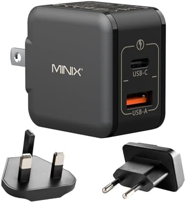 MINIX NEO P1 Mini 33 W Ga N Dual-Port Fast Charger – Ultra-Compact USB-C & Quick Charge 3.0 Adapter for i Phone 8-15, Galaxy S10-S21 & More – Essential Travel Charger with Advanced Heat Management for Efficient Multi-Device Charging