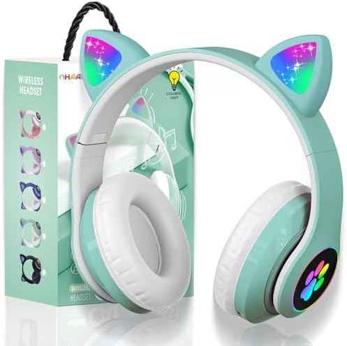Playful Cat Ear Bluetooth Headphones for Kids – Foldable Over-Ear Design with LED Lights, Safe Listening Volume Control, Built-in Microphone, and Multi-Device Connectivity – Ideal for Music, Movies, and Gaming on i Phones, i Pads, Smartphones, and More!
