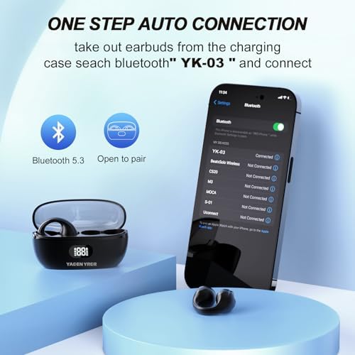 Bone Conduction Wireless Ear Clip Bluetooth Headphones for Active Lifestyles – Sweat Resistant Fitness Earbuds for Running, Cycling & Workouts – YAKEN YRKR, Black – Enhanced Compatibility & Long Battery Life