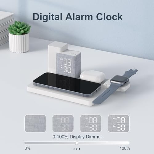 Transform Your Charging Routine with the REACHER 3-in-1 Wireless Charging Station: Mag Safe-Compatible Alarm Clock & 8-Color LED Night Light for i Phone 16/15/14/13/12 Series – Ideal Nightstand Organizer for Enhanced Efficiency and Style in Bedroom, Desk, and Dorm Settings – Fast, Multi-Device Charging Dock for Ultimate Convenience