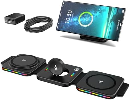 Compact 3-in-1 Travel Charger for Samsung Devices – Magnetic Foldable Wireless Charging Station for Galaxy S25 Ultra/S24 Ultra & Galaxy Watch 7/Ultra – Enhanced Portability & Fast Charge Capability for On-the-Go Power Solutions