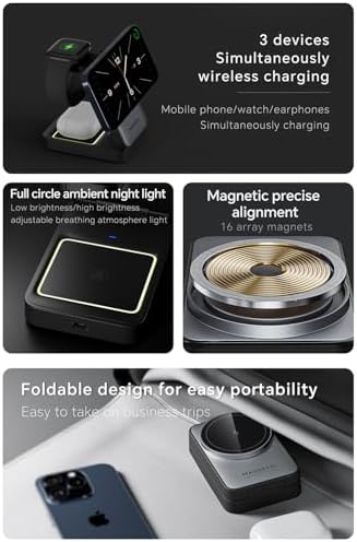 2025 Enhanced 3-in-1 Magnetic Wireless Charger: Foldable Nightlight Charging Station for i Phone, Apple Watch, and Air Pods – Ultimate Travel Companion with Mag Safe Compatibility and Rapid Charging Efficiency