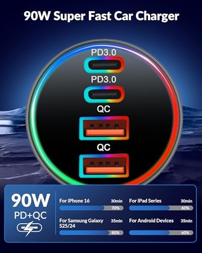 High-Power 4-Port USB C Car Charger – 90 W Fast Charging Adapter with Dual USB-C & USB-A Ports for i Phone 11-16, i Pad, Samsung, and Android Devices – Compact Cigarette Lighter Adapter with Enhanced Safety Features and Multi-Device Compatibility for Road Trips and Daily Commutes