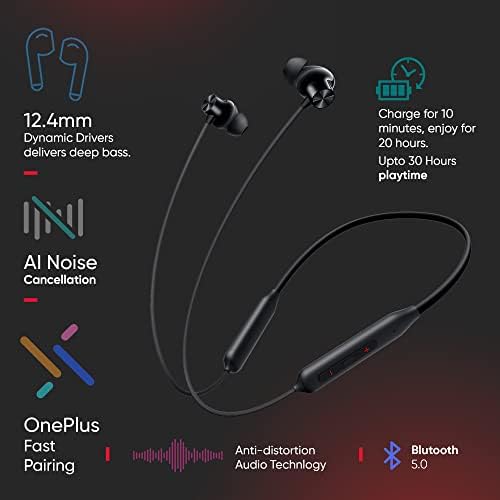 Experience Sonic Bliss with One Plus Bullets Wireless Z2 Bluetooth 5.0 In-Ear Earphones – Unmatched 12.4 mm Deep Bass Drivers & 30-Hour Battery Life (Magico Black) – Perfect for Music Lovers and Active Lifestyles – IP55 Sweat-Resistant for Durability and Comfort – Quick Charge for 20 Hours Playback in Just 10 Minutes – Seamless Connectivity for Hassle-Free Listening – Ergonomic and Lightweight Design for Extended Comfort – Elevate Your Audio Journey with Premium Sound Quality and Style – Ideal for Commuting, Workouts, and Relaxation – Discover the Ultimate Wireless Freedom with One Plus Bullets Wireless Z2.