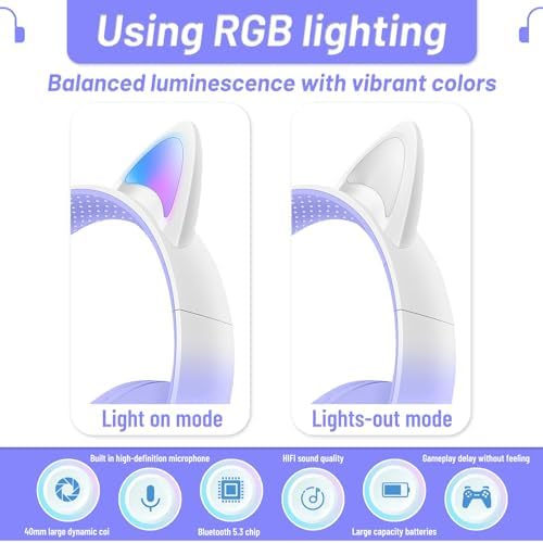Playful Cat Ear Bluetooth Headphones for Kids – Foldable Over-Ear Design with LED Lights, Safe Listening Volume Control, Built-in Microphone, and Multi-Device Connectivity – Ideal for Music, Movies, and Gaming on i Phones, i Pads, Smartphones, and More!