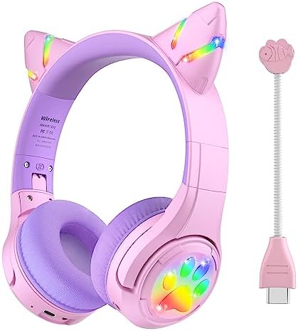 Riwbox CF9 Cat Ear Bluetooth Headphones for Kids – Safe 85 d B Volume Limit, Fun LED Light-Up Design, Dual Microphones for Clear Calls, Perfect for Tablets, Schools, Air Travel & Remote Learning, Lightweight Comfort in Trendy Purple