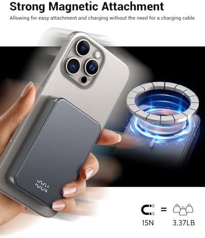26800 m Ah Magnetic Power Bank – Premium Aluminum Alloy Portable Charger with 20 W USB-C Fast Charging for i Phone 12-16 Series, Sleek Silvery Gray, Effortless Wireless Charging for On-the-Go Power Solutions
