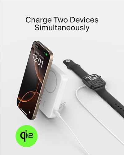 Belkin 5000 m Ah Wireless Power Bank with Qi2 Technology – Mag Safe-Compatible Portable Charger Featuring Built-in Kickstand for i Phone 16, 15, 14, 13, Plus, Pro, Pro Max – Sleek White Design for Seamless Charging on the Go – Optimal Speed & Versatile Compatibility